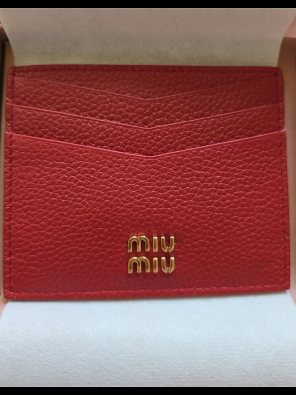 Miu Miu Red Pebbled Leather Card Holder with Gold Logo